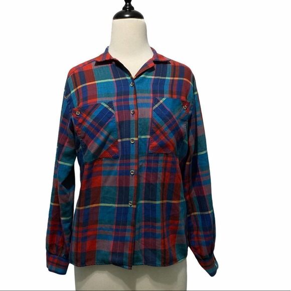 Vintage 80s Shirt Button Down Shirt Stop Plaid Chest Pockets Long Sleeve Blue 12 - Picture 1 of 13